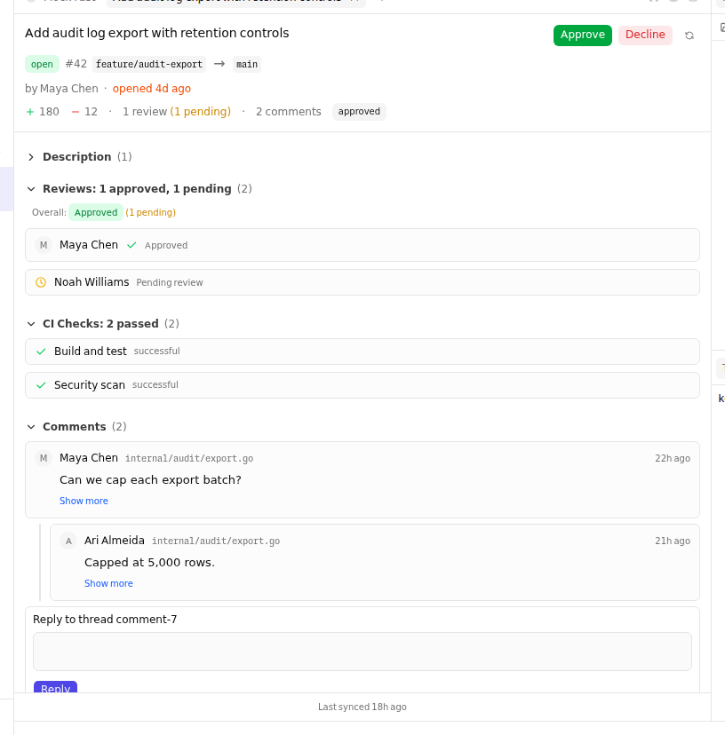 The shared Review panel rendering normalized pull-request metadata, review state, CI checks, threaded comments, and provider-advertised actions.